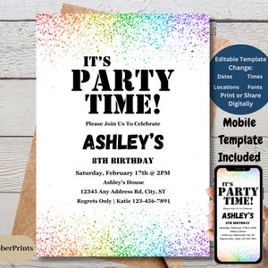 Editable Birthday Invitation, Rainbow Birthday Invite, Digital Birthday Template, Editable Printable Template, Instant Download