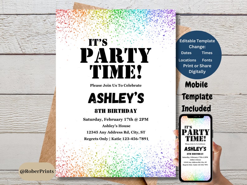 Editable Birthday Invitation, Rainbow Birthday Invite, Digital Birthday ...