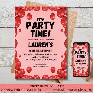 Editable Birthday Invitation, Balloon Birthday Invite, Digital Birthday Template, Editable Printable Template, Instant Download