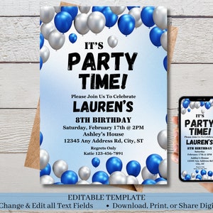 Editable Birthday Invitation, Balloon Birthday Invite, Digital Birthday Template, Editable Printable Template, Instant Download