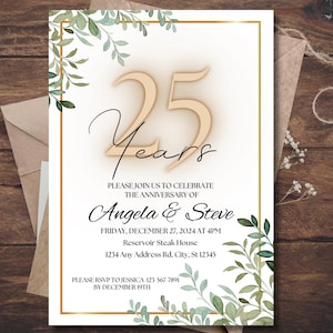 Invitación imprimible para 25.º aniversario, invitación para 25.º aniversario de bodas, plantilla editable, plantilla floral de aniversario, invitación floral dorada
