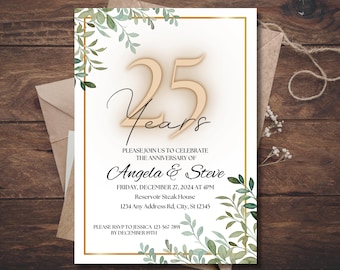 25th Wedding Anniversary Invite, Greenery Wedding Anniversary Invite, Vow Renew Invitation, Downloadable Invite Anniversary, Canva Evite