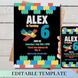 Editable Building Blocks Birthday Invite, Building Bricks, Block Party, Kids Birthday Invitation, Digital Download, DIY Invitation, Canva