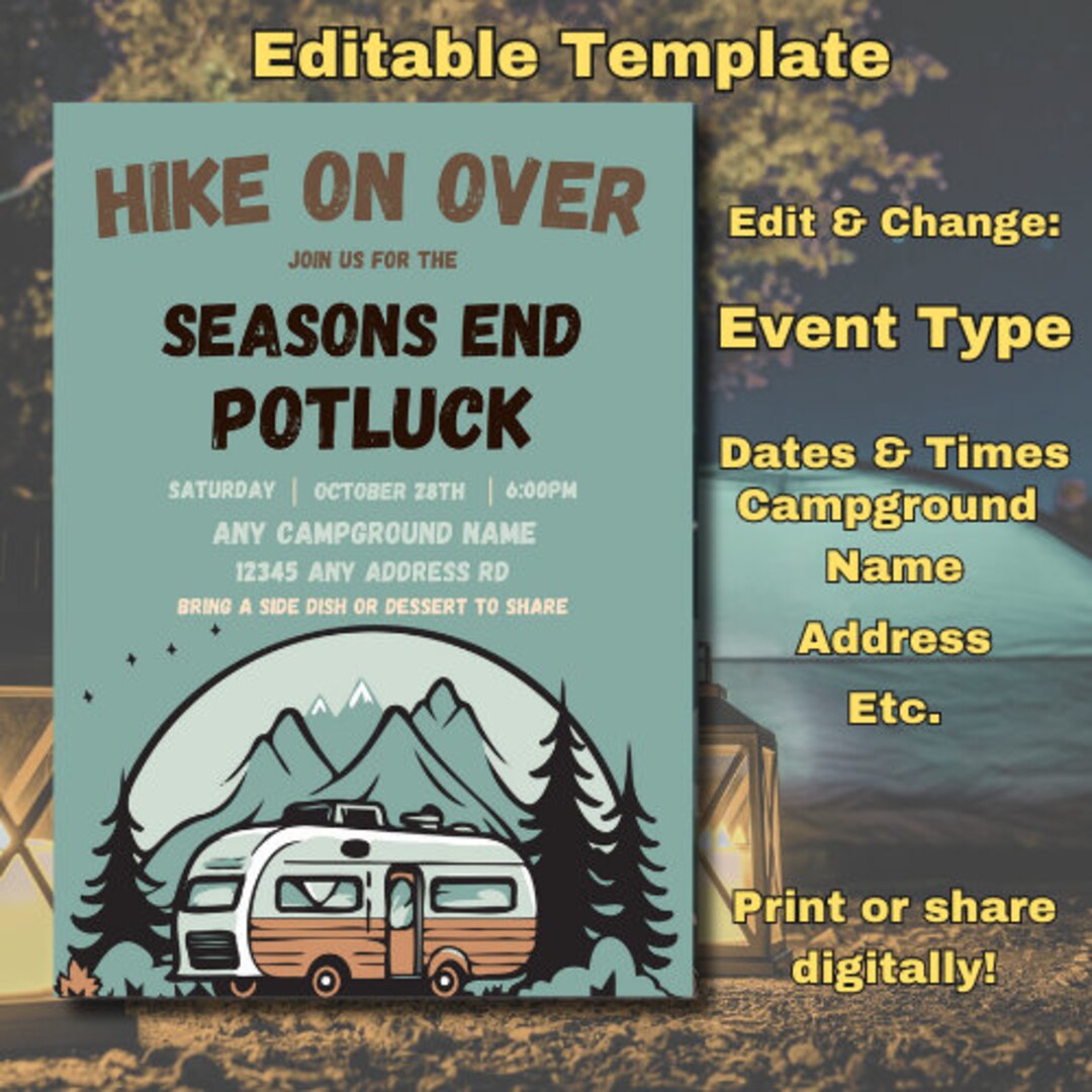 Editable Campground Potluck, Potluck Invite, Editable Template