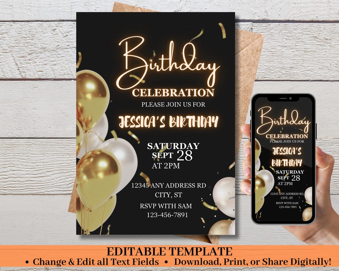 Digital Birthday Invitation, Editable Birthday Template, Shareable ...