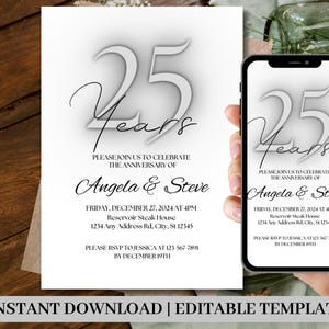 25th Anniversary Invite Printable, 25th Wedding Anniversary Invitation, Editable Template, Minimalist Anniversary Invitation Template, DIY