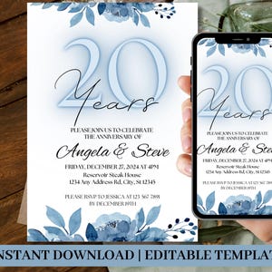 Invito stampabile per il 20° anniversario, invito per il 20° anniversario di matrimonio, modello modificabile, modello floreale per l'anniversario, blu, Evite, fai da te