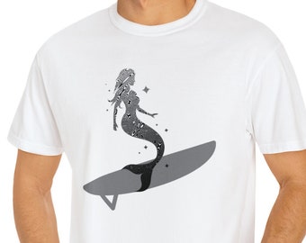 Surf Mermaid Graphics Tee, Surfer Artistic T'shirt, Holiday Gifts, Surf, Summer, Great Quality Unisex T-shirt Garment Dyed Colors