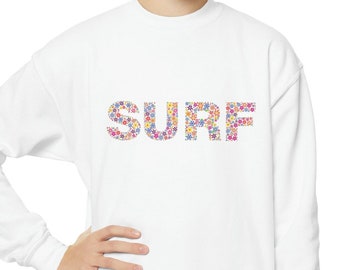 KIDS SURF FLORAL print Sweatshirt., Surfer, ocean, flowers shirt, Flower Sweater, Youth Crewneck Sweatshirt