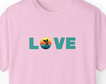 LOVE SURF Sunset Shirt, Tshirts, Sports, Surfer Girl, Retro Cool vibe, Vacation Tee, Summer, Quality Unisex T-shirt Garment Dyed Colors