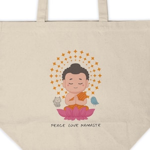 Cute Baby Buddha Meditate Canvas Shopping Tote, Farmer&#39;s Market Bag, Reusable Grocery Bag, Book Bag, Yoga, Cat Lover, Holiday Gift Ideas