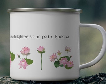 Citation de Bouddha, fleur de lotus, tasse de camping en émail