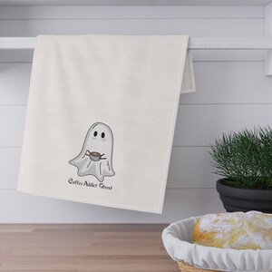 Coffee Lover Ghost Halloween Kitchen Towel, Gift for Teacher, Nurse, Doctor. Great Custom Tea Towel, Playful Ghost