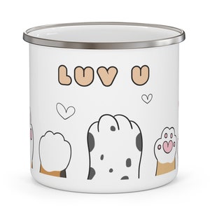 CAT PAWS Love you Enamel Camping Mug, Luv U Cup, Cat Lovers Cup, Valentines, Lovers, Holiday Gift Ideas, Outdoors, Stocking Stuffer
