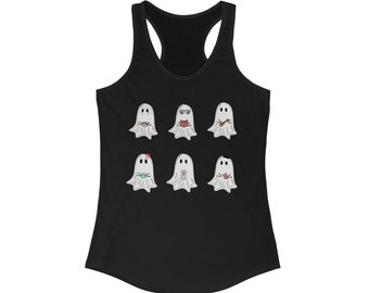 Charming Cute Ghost Halloween as Artist, Book lover, Peace Love, Music, Gift for Fun, Teacher, Workout Tank, Women's Ideal Racerback Tank