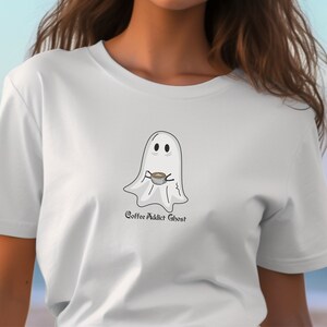 Coffee Lover Ghost Tee, Adorable Halloween Ghost T-shirt, gift for Caffeine addict, Teacher, Fun Cute Ghost, Unisex Jersey Short Sleeve Tee