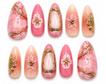 Pink Floral Marble Almond Press On Nails – Luxury Summer Vacation Set