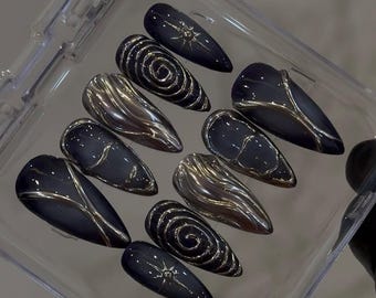 Uñas postizas azul oscuro cromado Celestial / Set de uñas 3D cromado plateado / Uñas Galaxy Star / Uñas de lujo Cosmic Aura