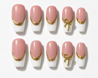 Uñas postizas con punta francesa y contorno cromado dorado, uñas con detalle dorado en forma de lazo 3D, uñas con forma de almendra, set de uñas reutilizables de lujo hecho a mano.