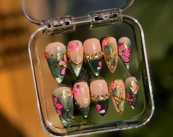 Fairycore Green Cat Eye Press On Nails 3D Floral Gold Accents – Stiletto Handmade Set