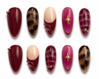 Uñas postizas con estampado de leopardo y mármol burdeos – Uñas almendradas de lujo con detalle de estrella dorada, carey, uñas color vino tinto brillante, set hecho a mano