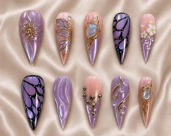 Uñas postizas Fairycore Stiletto // Mariposa cromada dorada 3D, ojo de gato morado, verde oliva, azul / Uñas Katseye de lujo hechas a mano