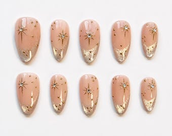 Uñas postizas rosa rubor / Uñas almendradas cortas / Uñas con efecto estrella dorado, uñas nude degradadas con purpurina / Set de uñas postizas reutilizables hechas a mano de lujo