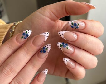 Blueberry French Tip Press On Nails | Pink Polka Dot French Nails | Cute Cottagecore Berry Nails | Handmade Gel Press Ons | Summer Nail Set
