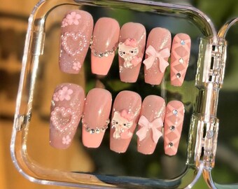 Pink Coquette Hello Kitty Press On Nails, 3D Bow Heart Charm nails, Almond Shape Kawaii Nails , Handmade Reusable Set
