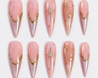Uñas postizas de aguja rosa rubor / Uñas con efecto estrella dorado cromado / Uñas postizas de lujo hechas a mano / Uñas nude con efecto degradado brillante / Uñas reutilizables con efecto ojo de gato