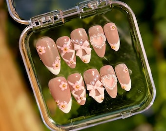 Pink Coquette Almond French Tip Nails: 3D Bow, Pearl Heart Handmade Set