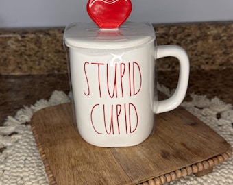 Rae Dunn STUPID CUPID mug with heart topper NEW