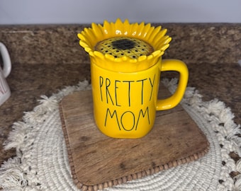 Rae Dunn Yellow Pretty Mom with Sunflower Topper Mug