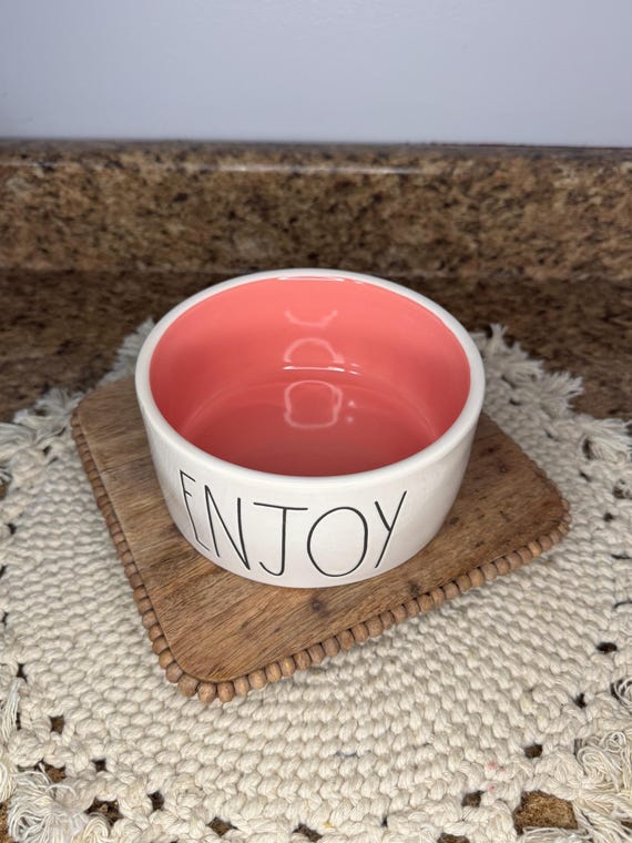 Rae Dunn ENJOY Pink Inside Pet Food Water Bowl Dog Cat