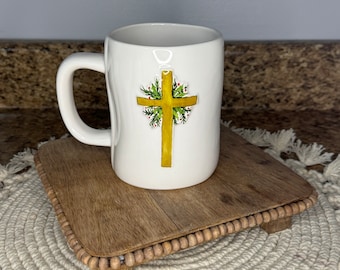 Rae Dunn White PEACE Be WITH YOU Double Sided Mug with Cross New
