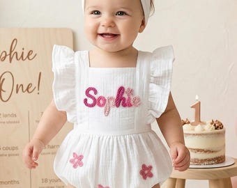 Personalized Embroidered Baby Romper, Custom Muslin Ruffle Bubble Suit, Summer Organic Cotton Newborn Gift, Boho Baby Shower Outfit