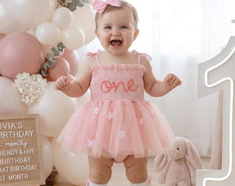Custom Name Baby Tutu Dress, Hand Embroidered Baby Romper, Cake Smash Outfit, Personalized Baby Girls Tutu Dress, First Birthday Gifts