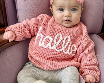 Pull personnalisé prénom brodé à la main pour bébé, pull prénom personnalisé pour bébé, pull rose pour bébé fille avec prénom, cadeau d'anniversaire pour bébé fille garçon