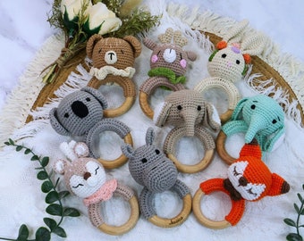 Hochet animal personnalisé, nom de bébé personnalisé, hochet bébé au crochet, cadeau de Noël pour bébé, cadeau baby shower, cadeau nouveau-né