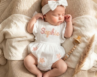 Custom Hand Embroidered Baby Romper, Personalized Linen Bubble Suit, Newborn Coming Home Outfit, 1st Birthday Gift, Infant Sunsuit Clothes