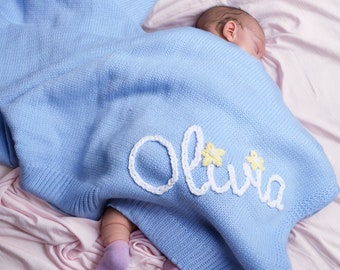 Coperta per neonato in maglia ricamata a mano personalizzata con nome, coperta per passeggino, regalo per neonato con monogramma, regalo per baby shower