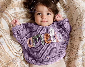 Suéter con nombre bordado a mano, suéter personalizado con nombre de bebé recién nacido, suéter de bebé con nombre, regalo de baby shower, regalo de cumpleaños para bebé