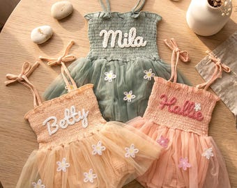 Custom Name Baby Tutu Dress, Hand Embroidered Baby Romper, Personalized Baby Girls Tutu Dress, Cake Smash Outfit, First Birthday Gifts