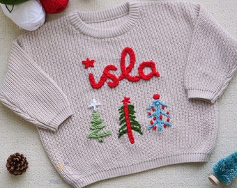 Hand bestickt Name Baby Pullover, Weihnachtspullover Baby Kleinkind Pullover, Baby Mädchen Pullover mit Namen, Baby-Dusche-Geschenk, Weihnachtsgeschenk Baby