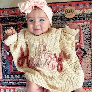 Hand Embroidered Name Baby Sweater,Personalized Baby Name Sweater,Custom Baby Sweater With Name,Welcome Baby Gift,Christmas Gift For Baby image 1