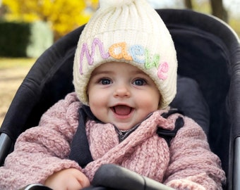 Customized Winter Baby Beanie With Name,Personalize Embroidered Baby Hat With Pom,Knitted Toddler Beanies,Christmas Gift For Baby,Baby Gift