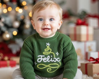 Hand Embroidered Baby Name Christmas Sweater, Custome Knit Sweater,Christmas Baby Toddler Outfit