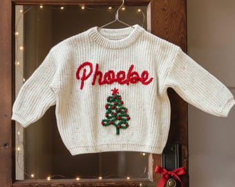 Hand Embroidered Baby Name Christmas Sweater, Custome Knit Sweater, Baby Toddler Christmas Baby Outfit