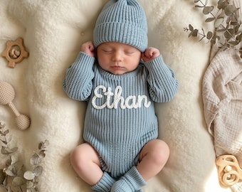 Hand Embroidered Name Baby Romper Set,Personalized Outfit, Baby Boy Romper Baby Girl Romper, Coming Home, Organic Cotton Knit,Gender Neutral