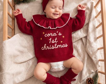 Hand Embroidered Christmas Baby Outfit, Baby Toddler Custom Holiday Sweater, Toddler Knit Christmas Jumper